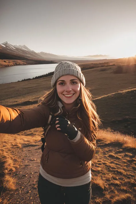 1 woman((upper body selfie, happy)), masterpiece, best quality, ultra-detailed, solo, outdoors, (night), mountains, nature, (stars, moon) cheerful, happy, backpack, sleeping bag, camping stove, water bottle, mountain boots, gloves, sweater, hat, flashlight, forest, rocks, river, wood, smoke, shadows, contrast, clear sky, analog style (look at viewer:1.2) (skin texture) (film grain:1.3), (warm hue, warm tone) :1.2), close up, cinematic light, sidelighting, ultra high res, best shadow, RAW, upper body, wearing pullover