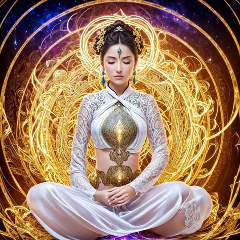 official art, unity 8k wallpaper, ultra detailed, beautiful and aesthetic, masterpiece, best quality, (zentangle, mandala, tangle, entangle), (fractal art:1.3) , light painting, vibrant colors, captivating patterns, creative experimentation,
(1woman:1.2),solo,45 y.o,(Guanyin Bodhisattva:1.1), full body (White silk attire:1.2), Intricate adornments,(halo background:1.1), Front-facing,(style-swirlmagic:1.0),white color scheme, casting a spell, closed eyes, sparks, surrounded by yellow lightning, casting spell, ([Cyberpunk fusion|Chinese Mythical fantasy]:1.1) , reflections, puddle, (cross-legged),(Sitting  on a lotus:1.1), , movie-like lighting, ethereal portrait, (thick melting magic:0.8), yellow arcane symbols,  bloom,torino aqua,
