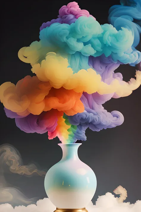 masterpiece, best quality, cinematic, (vase:1.1) with (rainbow smoke:1.1), (a cloud of smoke:1.4), white background