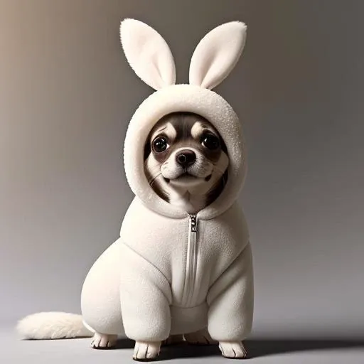 A (cute:1.3) Chihuahua wearing a (fluffy:1.6) white bunny animal suit, (intricate details), hdr, (intricate details, hyperdetailed:1.2), cinematic shot, vignette, centered, octane render, artstation