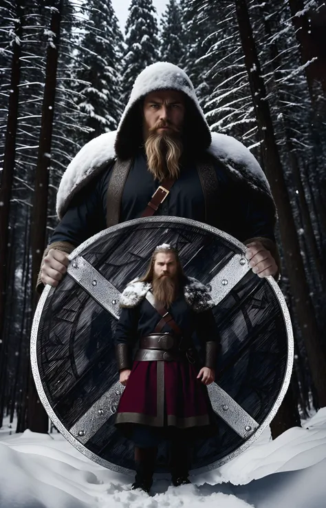 epic wide angle photo of bearded Viking with round shield (in dress), snowy forest, (flying flakes of snow, blizzard, snowfall), winter, detailed, volumetric lights and shadows, rim light