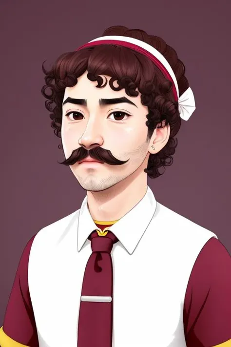 young, Chinese Spanish, (man), looking away, Alabaster skin, diamond head shape, pursed dry lips, mysterious small eyes, blue eye colour, refined unshaped eyebrows, small high bridge nose, rosy discoloration cheeks, prominent cleft chin, broad soft jawline, wrinkled receding forehead, protruding ears, expression of regret, frowning, light beard, curly mustache, Afro hair, chestnut brown hair colour, Fascinator, Bowtie Snood, short body type, crossing arms, maroon taupe, A-line wedding dress, Ski Pants, Heels, <lora:Beauty:1>