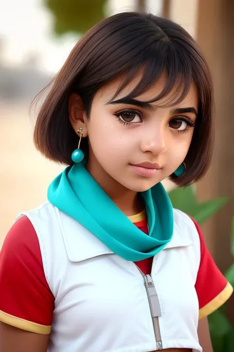 young, Sudanese Turkish, (girl), tilted head, Porcelain skin, square head shape, dry uncomfortable lips, deep innocent eyes, heterochromia eye colour, straight precise eyebrows, small asymmetrical nostrils nose, flat flushed cheeks, round wrinkles chin, chiseled symmetrical jawline, creased curved forehead, attached lobe ears, expression of pride, whispering, Straight hair, bronde hair colour, Gloves Scarf, compact body type, hands in pocket, ochre turquoise, Crop top, Cut-off Shorts, Sneakers, <lora:Beauty:1>