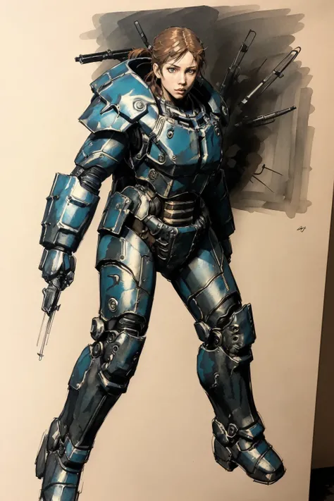 concept art of 1girl , (( dashing, leaning forward )) x01powerarmor (without helmet on)
solo, dark room, high contrast , camouflage
(ink sketch by Yoji Shinkawa)
(masterpiece, best quality:1.3),
<lora:x01powerarmor:0.6>