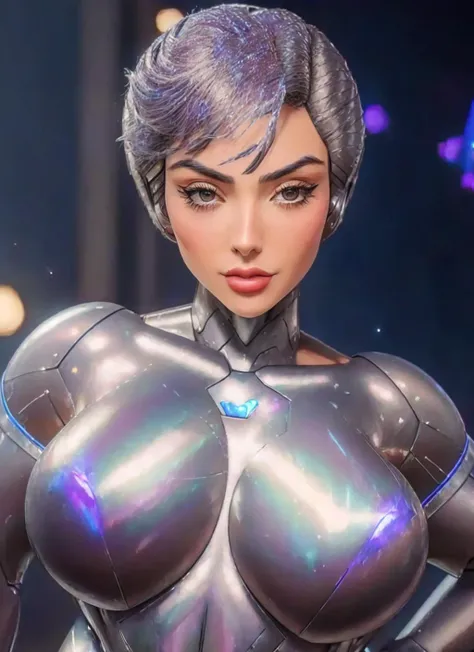 (best quality:1.1), (masterpiece:1.2), (realistic:1.2), (detailed:1.1), upper body photo of NyviEstephan, (SteelHeartQuiron:1.3) character,  (large breasts:1.2), push up breasts,  ((PERFECT FACE)), (chromatic aberration:1.1), (bloom:1.2), SHARP, facing viewer, 8k <lora:nyviestephan:1.0> <lora:quiron_SteelHeart_V1_Lora:0.85>