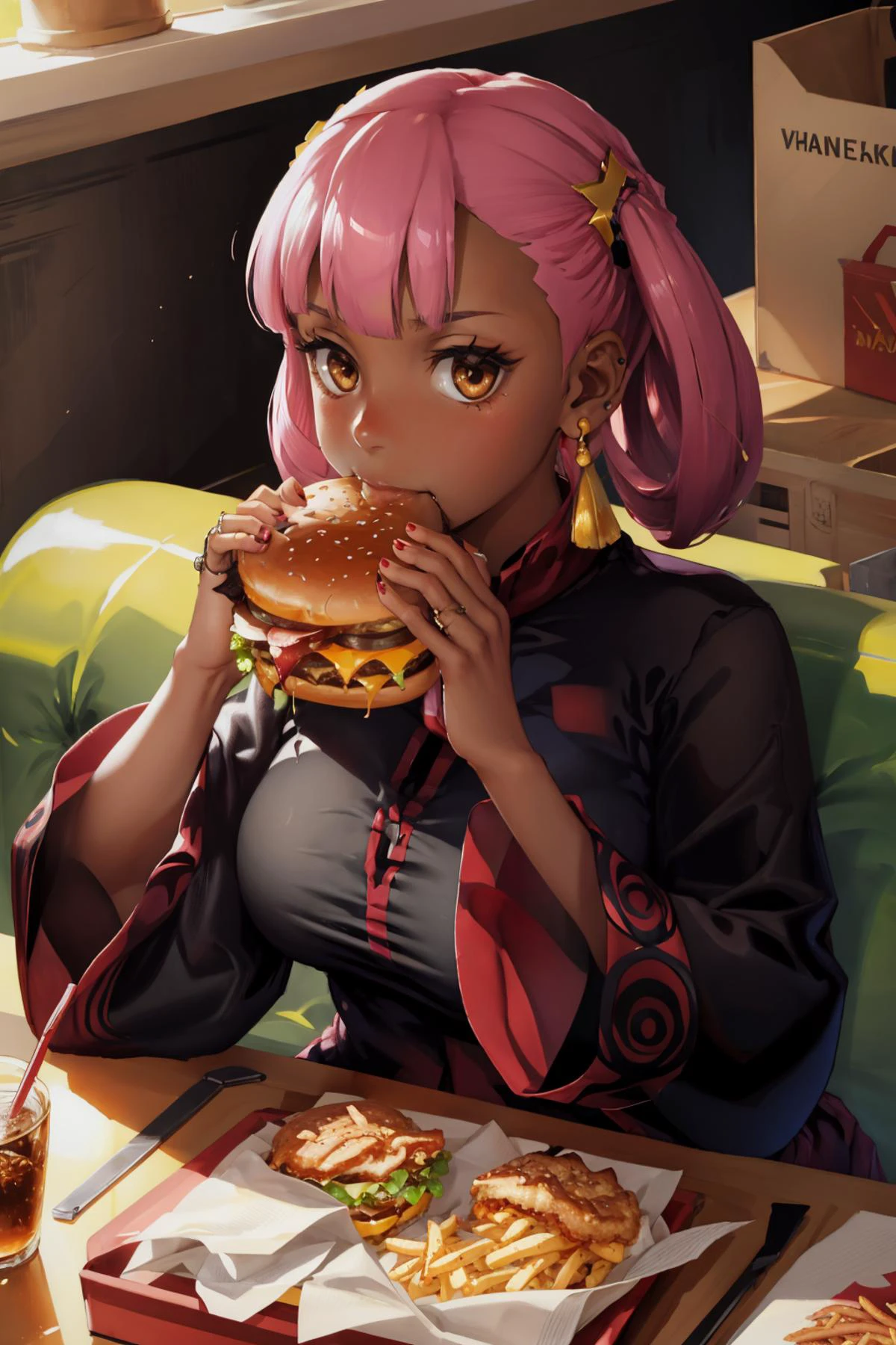 masterpiece, best quality, pmpunkgirl, hair rings, black shirt, wide sleeves, hair ornament, earrings, smirk, sitting, eating, holding huge burger with both hands <lora:pmpunkgirl-nvwls-v1-000010:0.9> <lora:borger-nvwls-ver-2:0.8>