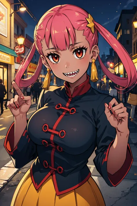 masterpiece, best quality, pmpunkgirl, black shirt, yellow skirt, hair ornament, earrings, sharp teeth, smile, upper body, looking at viewer, city street <lora:pmpunkgirl-nvwls-v1-000010:0.9>