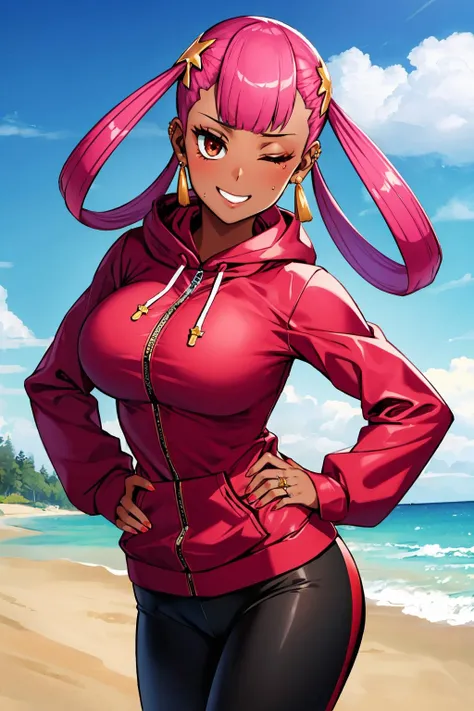 masterpiece, best quality, pmpunkgirl, hair rings, hair ornament, earrings, pink hoodie, black sweatpants, looking at viewer, winking, one eye closed, one eye open, hands to hips <lora:pmpunkgirl-nvwls-v1-000010:0.9>