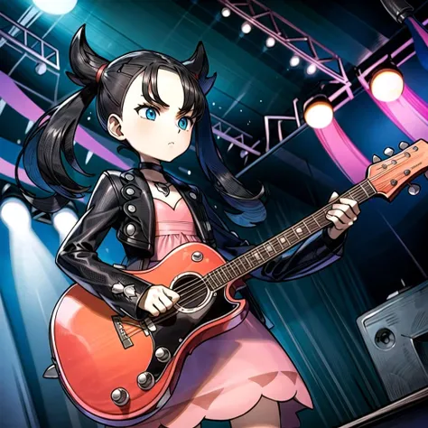 8k, masterpiece,
 <lora:MarnieDef:1> marnie,  <lora:pokemon_v3_offset:1>, playing black guitar at crowd,  <lora:more_details:1>, pink dress, black jacket, expressionless