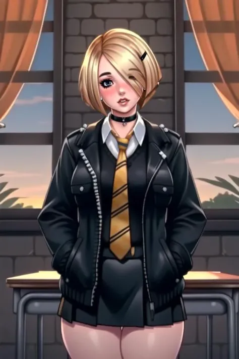 (best quality, ultra detailed), (full-face blush), (detailed background:1.2), (perfect face, detailed face), looking at viewer, (mature female:1.2), beatrice, 1girl, short hair, solo, blue eyes, blonde hair, bob cut, (hair over one eye, thick lips:1.4), waist, narrow waist, (choker:1.2), hairclip, year2, makeup, standing, black sweater under jacket, black jacket, hands in pockets, school uniform, black skirt, jewelry, earrings, thick thighs, shirt, big breasts, yellow necktie, striped necktie, miniskirt, sexually suggestive, puckered lips, indoors, classroom, school desk, window, school chair, curtains, brick wall, (sunset), <lora:BeatriceHaywoodV2:0.75>
