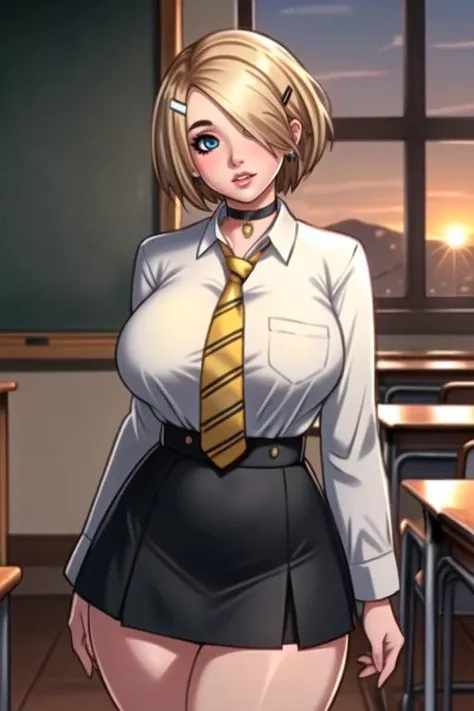 (best quality, ultra detailed), (full-face blush), (detailed background:1.2), (perfect face, detailed face), looking at viewer, (mature female:1.3), beatrice, 1girl, short hair, solo, blue eyes, blonde hair, (hair over one eye, thick lips:1.3), waist, narrow waist, (choker:1.2), hairclip, year2, makeup, eyeshadow, eyeliner, standing, school uniform, black skirt, jewelry, earrings, bow, thick thighs, shirt, big breasts, yellow necktie, striped necktie, miniskirt, sexually suggestive, puckered lips, indoors, classroom, school desk, window, school chair, curtains, chalkboard, (sunset), <lora:BeatriceHaywoodV2:0.7>