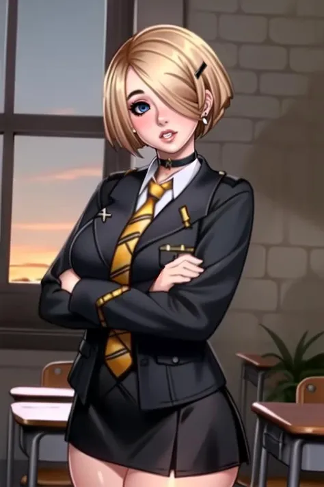 (best quality, ultra detailed), (full-face blush), (detailed background:1.2), (perfect face, detailed face), looking at viewer, (mature female:1.2), beatrice, 1girl, short hair, solo, blue eyes, blonde hair, bob cut, (hair over one eye, thick lips:1.4), waist, narrow waist, (choker:1.2), hairclip, year2, makeup, standing, black jacket, crossed arms, school uniform, black skirt, jewelry, earrings, thick thighs, collared shirt, big breasts, yellow necktie, striped necktie, miniskirt, sexually suggestive, puckered lips, indoors, classroom, school desk, window, school chair, curtains, brick wall, (sunset), <lora:BeatriceHaywoodV2:0.75>