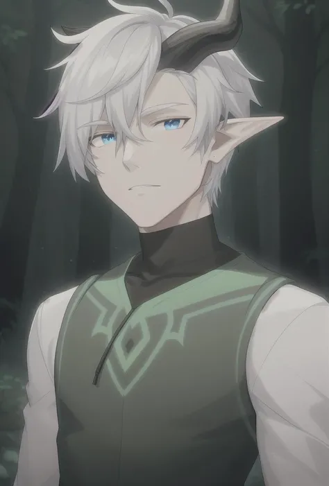 solo, in a forest at night, inticrate background, male moonshadow elf, 2 horns, white hair, man, dark top, <lora:xadia_elves:1>