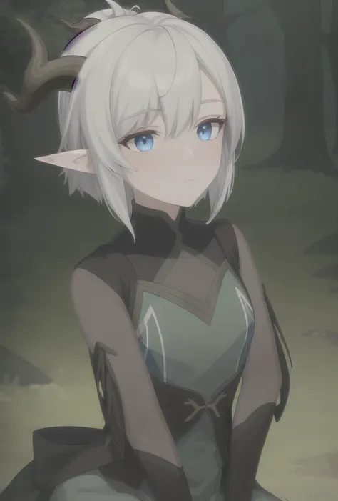 solo, in a forest at night, inticrate background, female moonshadow elf, 2 horns, white hair, woman, dark top <lora:xadia_elves:1>