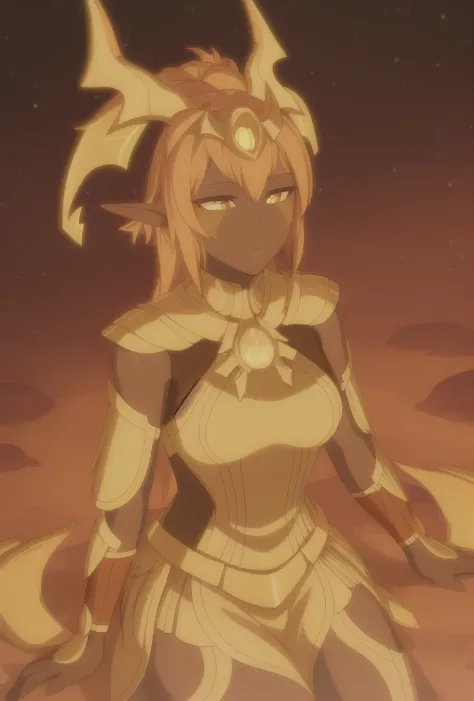 solo, inticrate background, female sunfire elf, 2 horns, yellow hair, woman, dark skin, golden armor <lora:xadia_elves:1>