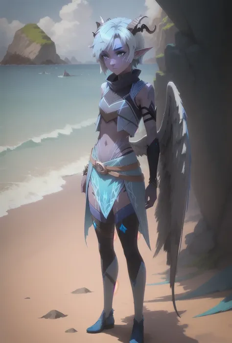 solo, four fingers, on a beach, inticrate background, female skywing elf, 2 horns, blue hair, woman, gray skin, blue top, wings <lora:xadia_elves:1>