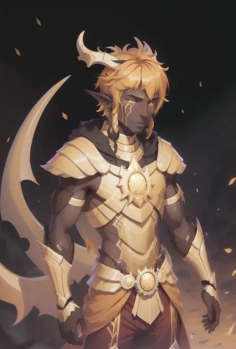 solo, inticrate background, male sunfire elf, 2 horns, yellow hair, man, dark skin, golden armor <lora:xadia_elves:1>