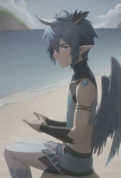 solo, four fingers, on a beach, inticrate background, male skywing elf, 2 horns, blue hair, man, 2 feathery wings gray skin, blue top <lora:xadia_elves:1>