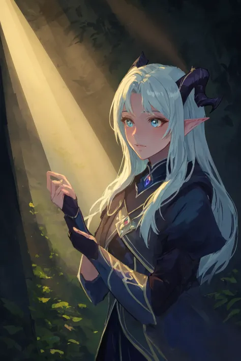digital painting of a moonshadow elf woman, horns, best quality, impressionism, ligne claire, vibrant colors, volumetric lighting. soft light, diffused lighting, radiant light rays, <lora:xadia_elves:0.8>