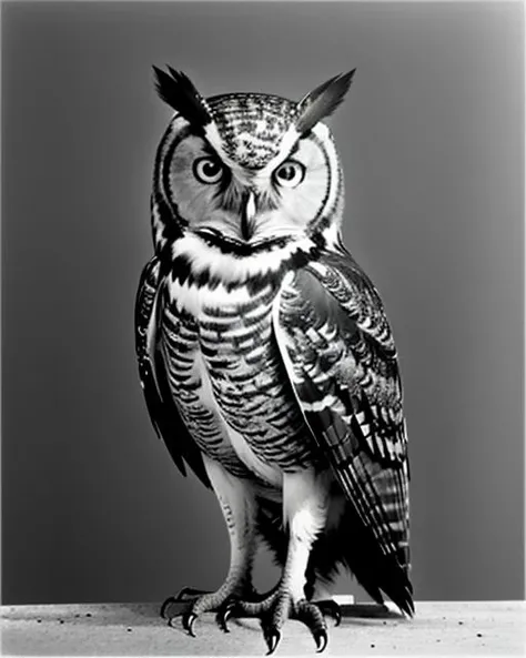 best quality,masterpiece,highly detailed,ultra-detailed, <lora:neg4all_bdsqlsz_V3.5:-1> <lora:BW_Photography_last:2.5>
Great Horned Owl It has large, round eyes, tufted ears, and mottled brown and white feathers.