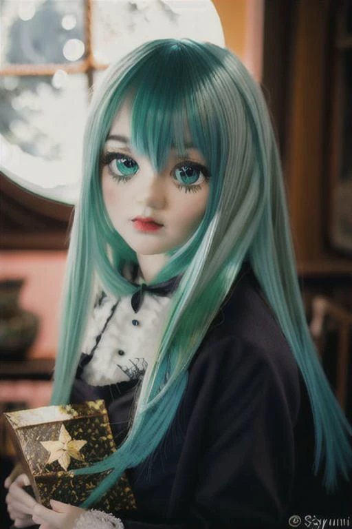 ((best quality)), ((masterpiece)), realistic, <lora:cuteJointsDollsLora_2:1>, doll, dd, solo, portrait, long hair, green glowing hair, glowing veins, waterfall, particles, dust motes, Norwegian pattern style of rosemaling, art by Mike Giaimo, gold, green, (night), intricate iris, massive eyes, detailed symmetrical face, upper body, (moon lighting, at midnight, shinning stars, sky), lantern, light from behind, cute makeup