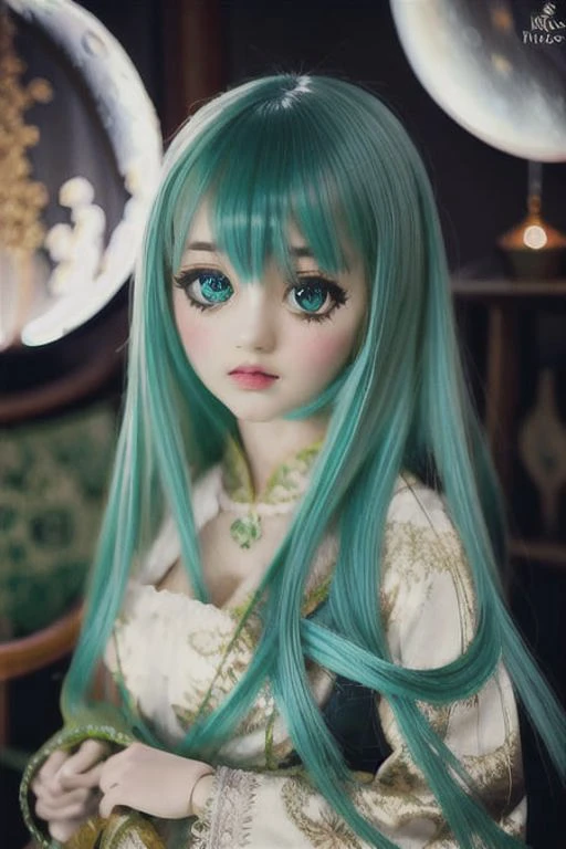 ((best quality)), ((masterpiece)), realistic, <lora:cuteJointsDollsLora_2:1>, doll, dd, solo, portrait, long hair, green glowing hair, glowing veins, waterfall, particles, dust motes, Norwegian pattern style of rosemaling, art by Mike Giaimo, gold, green, (night), intricate iris, massive eyes, detailed symmetrical face, upper body, (moon lighting, at midnight, shinning stars, sky), lantern, light from behind, cute makeup