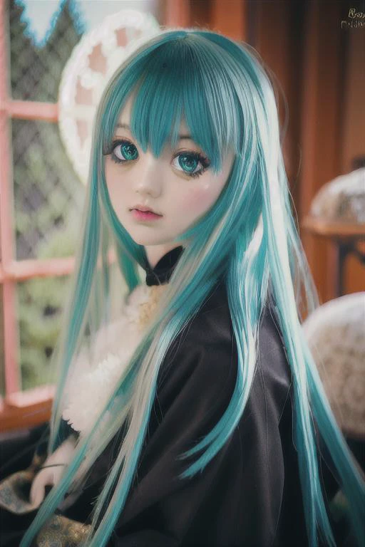 ((best quality)), ((masterpiece)), realistic, <lora:cuteJointsDollsLora_2:1>, doll, dd, solo, portrait, long hair, green glowing hair, glowing veins, waterfall, particles, dust motes, Norwegian pattern style of rosemaling, art by Mike Giaimo, gold, green, (night), intricate iris, massive eyes, detailed symmetrical face, upper body, (moon lighting, at midnight, shinning stars, sky), lantern, light from behind, cute makeup
