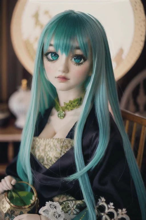 ((best quality)), ((masterpiece)), realistic, <lora:cuteJointsDollsLora_2:1>, doll, dd, solo, portrait, long hair, green glowing hair, glowing veins, waterfall, particles, dust motes, Norwegian pattern style of rosemaling, art by Mike Giaimo, gold, green, (night), intricate iris, massive eyes, detailed symmetrical face, upper body, (moon lighting, at midnight, shinning stars, sky), lantern, light from behind, cute makeup