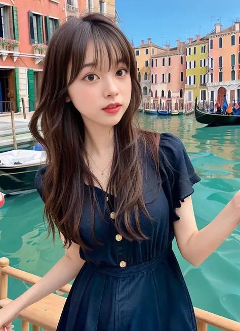photo of thin 1girl Maruko<lora:Maruko:0.6>,fluffy wavy hair, part lip, head up, dance:1.4 ,gondola ride at venice, open sea, upper body, wide angle, close up