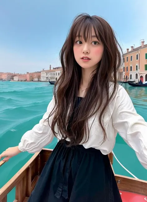 photo of thin 1girl Maruko<lora:Maruko:0.6>,fluffy wavy hair, part lip, head up, dance:1.4 ,gondola ride at venice, open sea, upper body, wide angle, close up