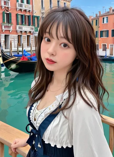photo of thin 1girl Maruko<lora:Maruko:0.6>,fluffy wavy hair, part lip, head up, dance,gondola ride at venice, open sea, upper body, wide angle