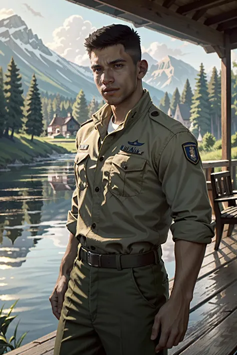 ((ultra detailed, masterpiece, best quality))
<lora:MafiaLincoln:0.8>
MafiaLincoln, 1boy, solo, buzz cut, brown eyes, muscular, military uniform, lakeside cabin, morning, peaceful and serene with soft morning light reflecting on the water