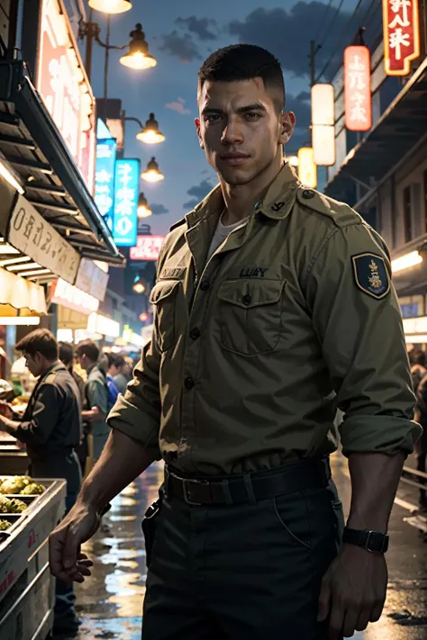 ((ultra detailed, masterpiece, best quality))
<lora:MafiaLincoln:0.8>
MafiaLincoln, 1boy, solo, buzz cut, brown eyes, muscular, military uniform, bustling night market, night, lively and vibrant with colorful lights and a bustling crowd