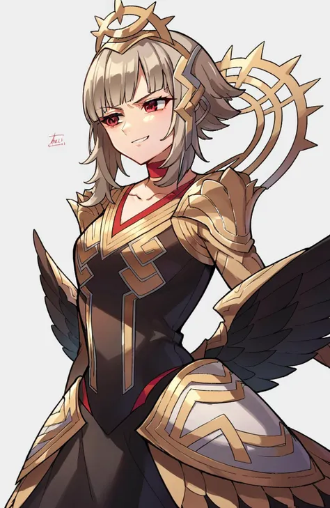 score_9, score_8_up, score_7_up, score_6_up, score_5_up, score_4_up, BREAK source_anime,  <lora:FEH_Veronica_pony:1>, feh_veronica, solo, 1girl, short hair, hair ornament, dress, crown, red eyes, grey hair, wings, choker, long sleeves, simple background, (cinematic view:1.5), (upper view), battle pose, smirk