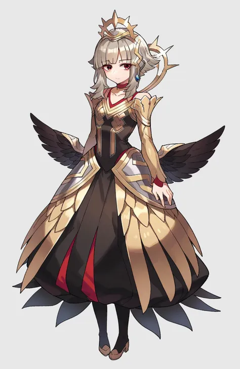 score_9, score_8_up, score_7_up, score_6_up, score_5_up, score_4_up, BREAK source_anime,  <lora:FEH_Veronica_pony:0.8>, feh_veronica, solo, 1girl, short hair, hair ornament, dress, crown, red eyes, grey hair, wings, choker, long sleeves, full body, simple background