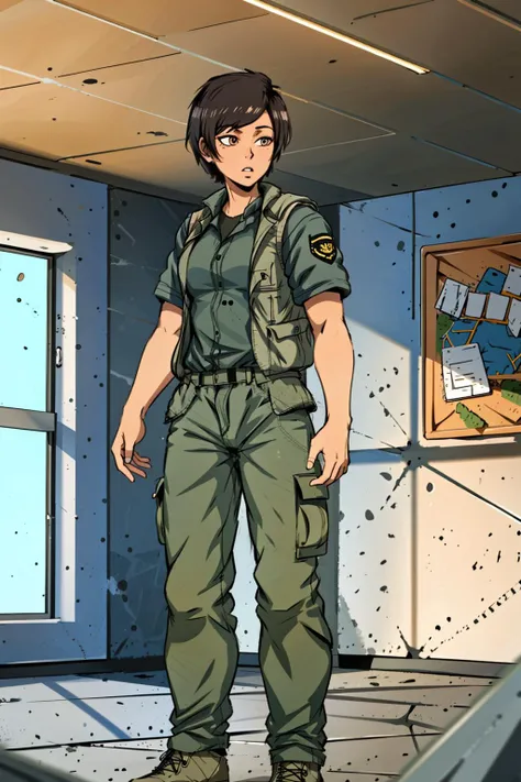 1girl,standing,full body, <lora:XinomVN:0.8> xinomvn,tomboy,military uniform,pants,in cement building,indoors,((kevlar vest)),small breasts, ((masterpiece), best quality, high quality, professional quality, highly detailed, highres, perfect lighting, natural lighting)