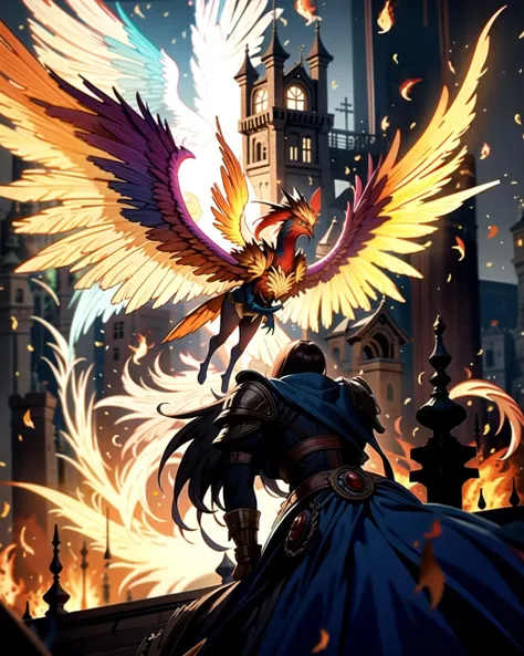 ((masterpiece), best quality, high quality, professional quality, highly detailed, highres, perfect lighting, natural lighting), phoenix, bursting into flames, taking flight from castle tower