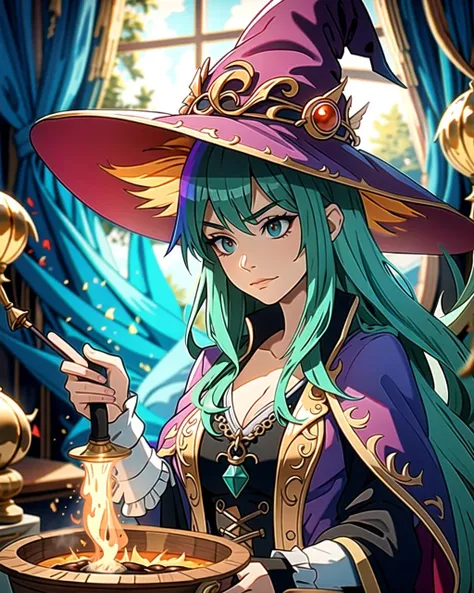 ((masterpiece), best quality, high quality, professional quality, highly detailed, highres, perfect lighting, natural lighting), beautiful witch, wearing witches robes, laughingfrowning}, brewing over a cauldron