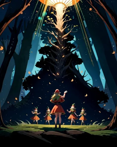 ((masterpiece), best quality, high quality, professional quality, highly detailed, highres, perfect lighting, natural lighting), group of elves, dancing, bonfire, in forest, surrounded by large trees