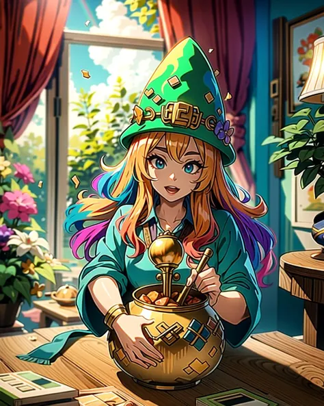 ((masterpiece), best quality, high quality, professional quality, highly detailed, highres, perfect lighting, natural lighting), leprechaun, hopping, on rainbow, holding pot of gold