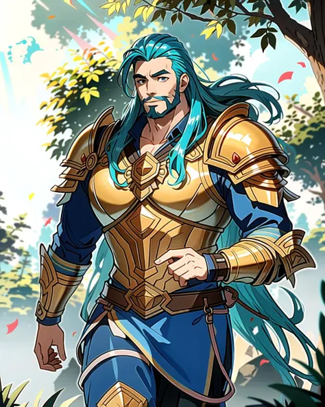 ((masterpiece), best quality, high quality, professional quality, highly detailed, highres, perfect lighting, natural lighting), (1boy, overweight, handsome, facial hair, long hair, blue hair), wearing armor, running, outdoors