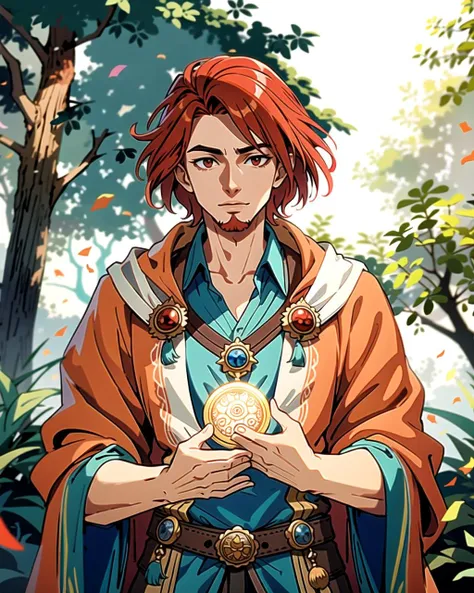 ((masterpiece), best quality, high quality, professional quality, highly detailed, highres, perfect lighting, natural lighting), (1boy, slender, handsome, no facial hair, short hair, red hair), wearing wizard robes, casting a spell, outdoors