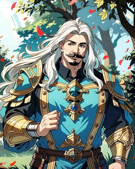 ((masterpiece), best quality, high quality, professional quality, highly detailed, highres, perfect lighting, natural lighting), (1boy, overweight, handsome, mustache, long hair, white hair), wearing armor, casting a spell, outdoors