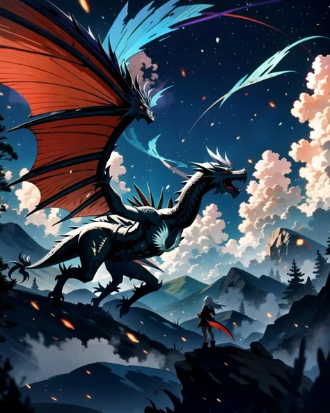 ((masterpiece), best quality, high quality, professional quality, highly detailed, highres, perfect lighting, natural lighting), silver dragon, flying in sky, clouds, night