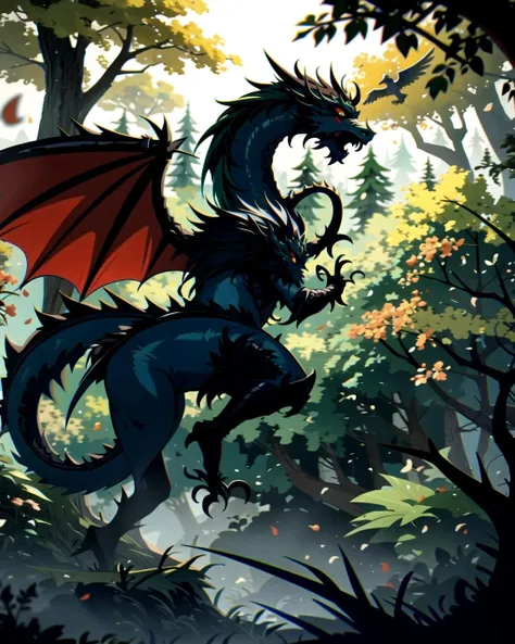 ((masterpiece), best quality, high quality, professional quality, highly detailed, highres, perfect lighting, natural lighting), black dragon, soaring over forest, lush green trees