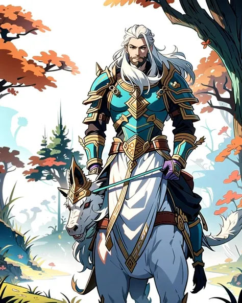 ((masterpiece), best quality, high quality, professional quality, highly detailed, highres, perfect lighting, natural lighting), (1boy, slender, handsome, long beard, long hair, white hair), wearing armor, riding a dragon, in a fantasy town