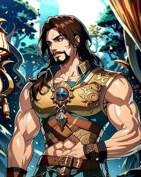 ((masterpiece), best quality, high quality, professional quality, highly detailed, highres, perfect lighting, natural lighting), (1boy, muscular, handsome, facial hair, medium length hair, brown hair), wearing fantasy clothing, fighting, in a fantasy town