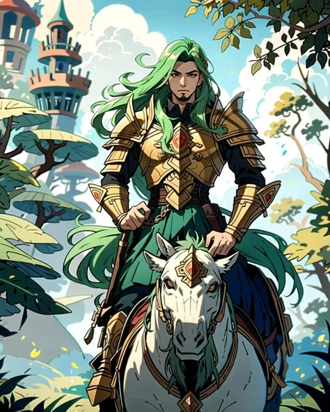 ((masterpiece), best quality, high quality, professional quality, highly detailed, highres, perfect lighting, natural lighting), (1boy, slender, handsome, no facial hair, long hair, green hair), wearing armor, riding a dragon, outdoors