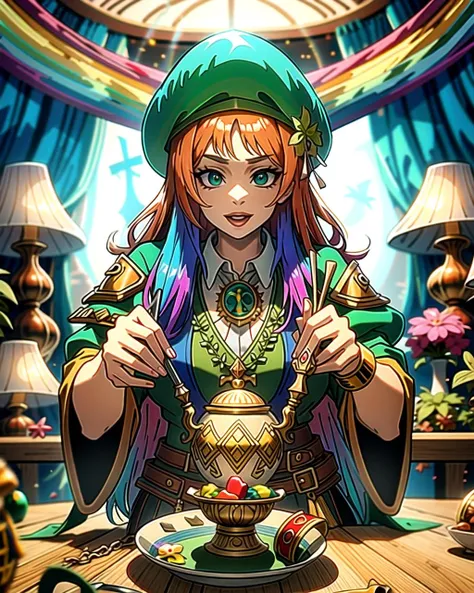 ((masterpiece), best quality, high quality, professional quality, highly detailed, highres, perfect lighting, natural lighting), leprechaun, hopping, on rainbow, holding pot of gold