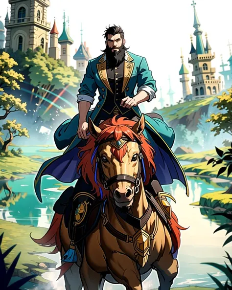 ((masterpiece), best quality, high quality, professional quality, highly detailed, highres, perfect lighting, natural lighting), (1boy, overweight, handsome, long beard, short hair, black hair), wearing fantasy clothing, riding a horse, by a lake